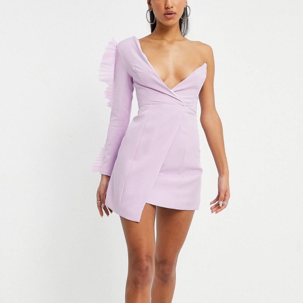 Club L London exaggerated frill one shoulder asymmetric mini dress in lilac nwt